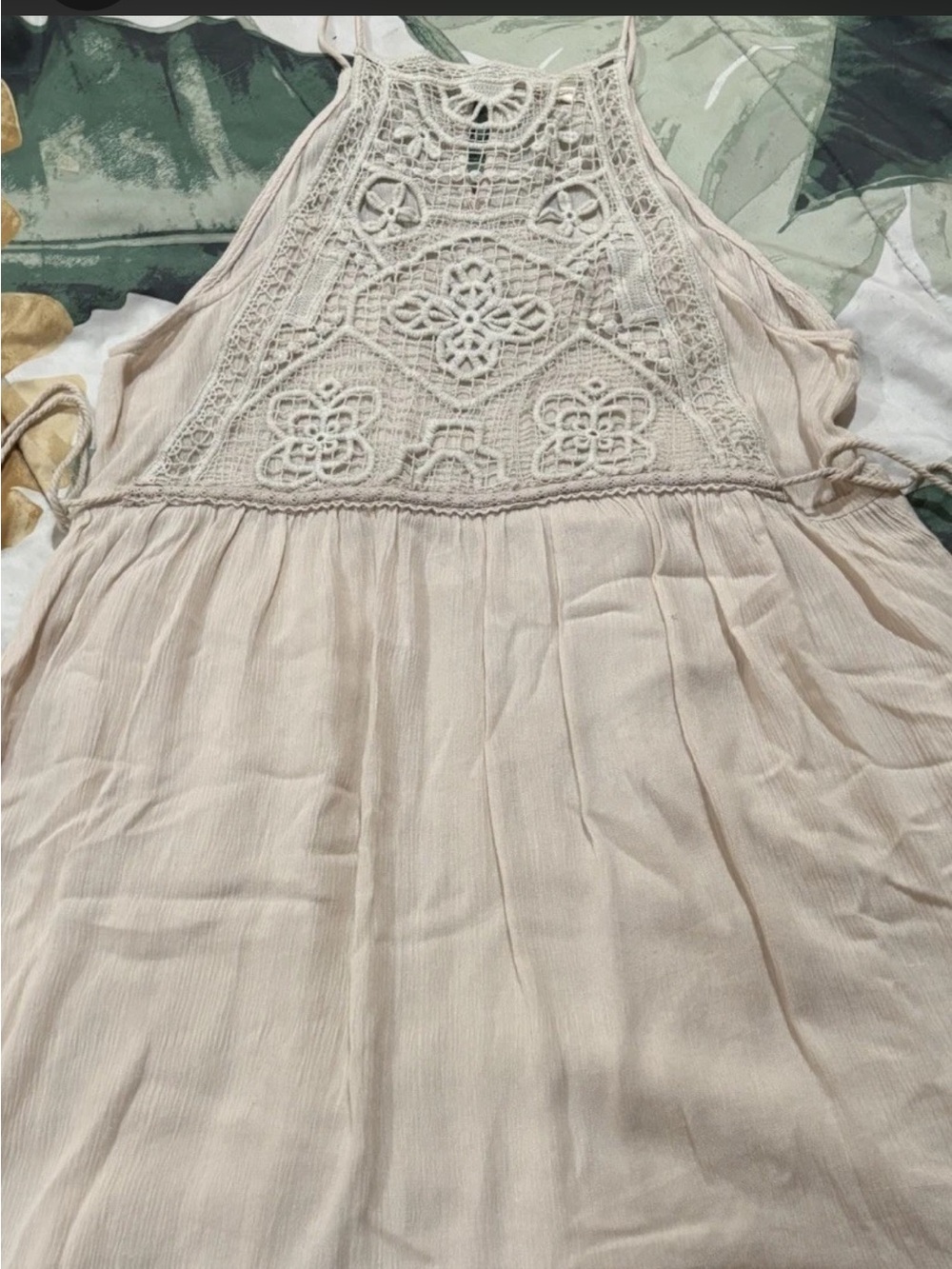 En Creme Cream Crochet-Detail Mini Halter Dress